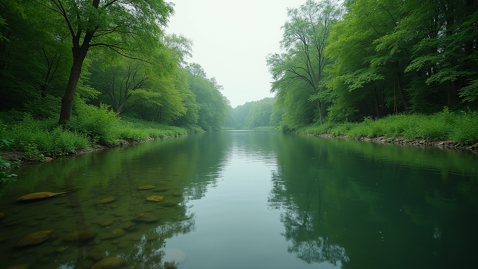 Wide angle view of a lush river surrounded by greenery