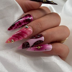 Plum and blush ombré nails with 3D roses, marble swirls, and gold accents at Robson Nails, a nail salon near me in Vancouver