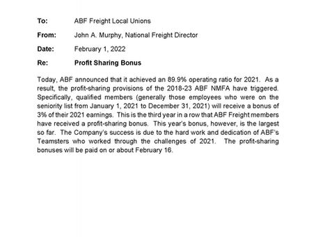 ABF PROFIT SHARING BONUS 