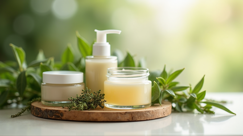 Close-up view of natural skincare products with herbs