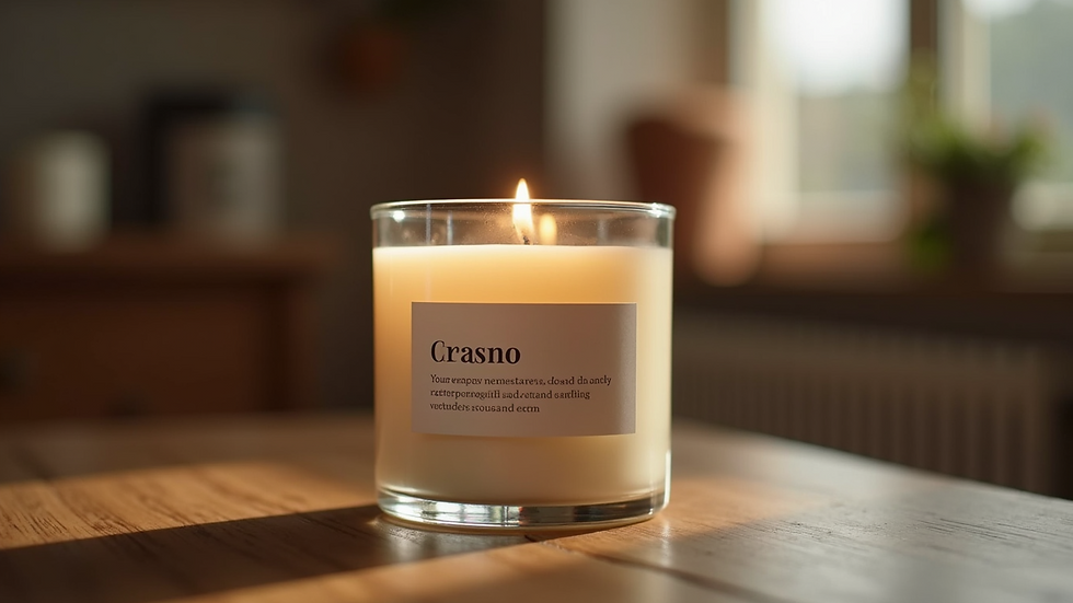 Eye-level view of a personalized candle with a custom label