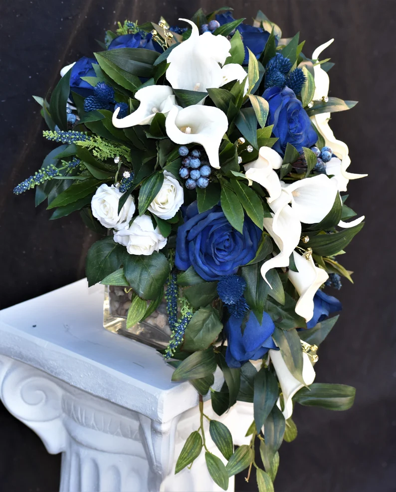 Thumbnail: Cascade Bridal Bouquet in Navy Blue and Ivory