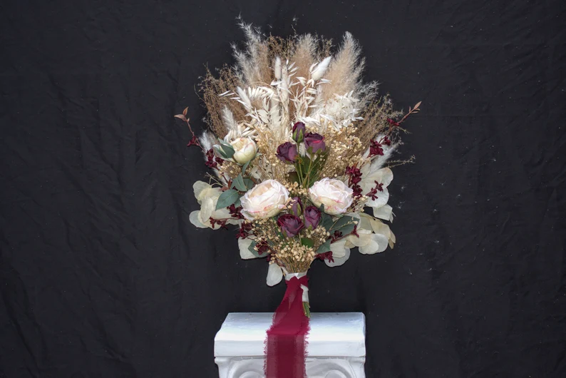 Thumbnail: Burgundy, Beige & Soft White Dried Flower Bridal Bouquet - Natural Elegance
