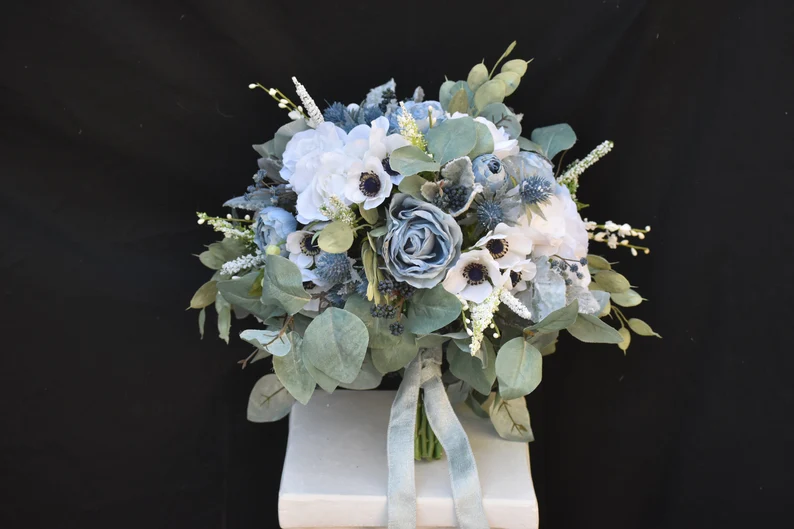 Thumbnail: Unstructured Dusty Blue, Soft White Ivory, and Sage Eucalyptus Hand Wrapped Bridal Bouquet