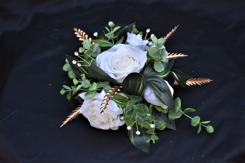 Thumbnail: Cake Decor Featuring Dark Green, Ivory, Gold, Silver, or Pearl Accent Eucalyptus Florals