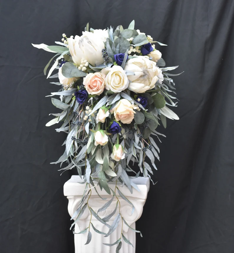 Thumbnail: Unstructured Protea, Eucalyptus Willow Cascade Bouquet Ivory, Blush, Navy Blue and Sage X-Large