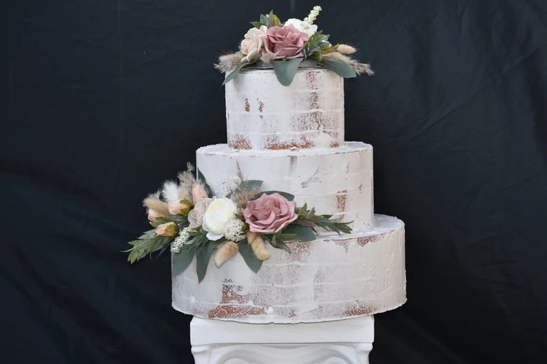 Thumbnail: Natural Boho Cake Decoration Set in Soft White, Ivory, Dusty Rose, Mauve, Tan, Champagne Tones