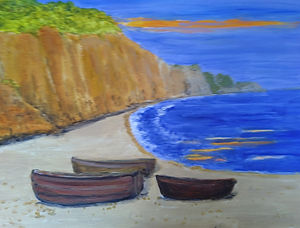 Sidmouth Seascape. colourful painting red cliffs boats on beach