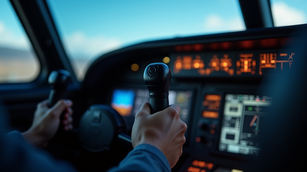 Close-up view of flight simulator joystick and throttle controls
