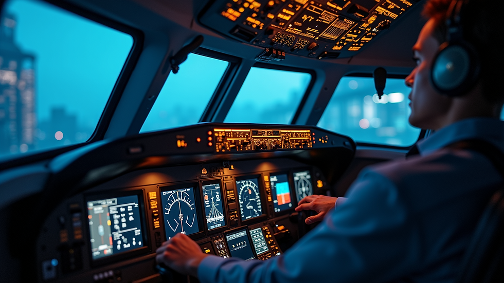 High angle view of computer screen showing flight simulation software interface