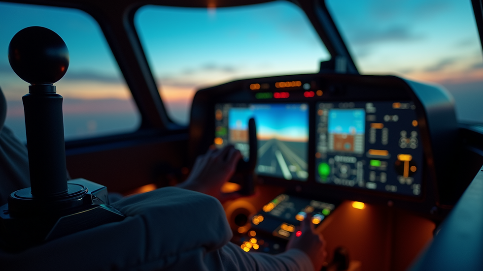 Eye-level view of a compact flight simulator setup with joystick and monitor