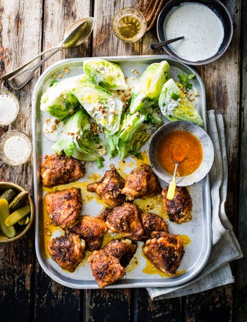 BBQ buffalo chicken thighs with wedged ranch salad
