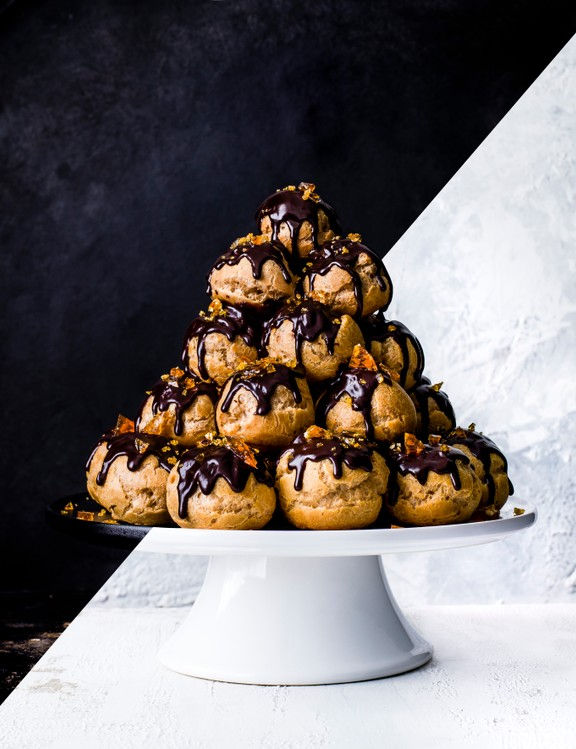 Chocolate and hazelnut profiteroles stack