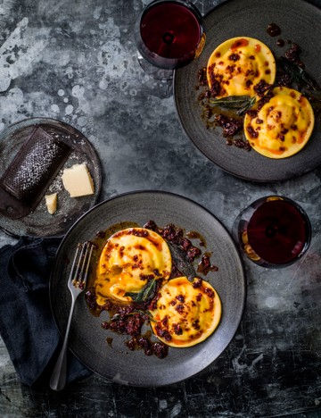 Hidden-egg-yolk ravioli with crispy sage and ’nduja oil
