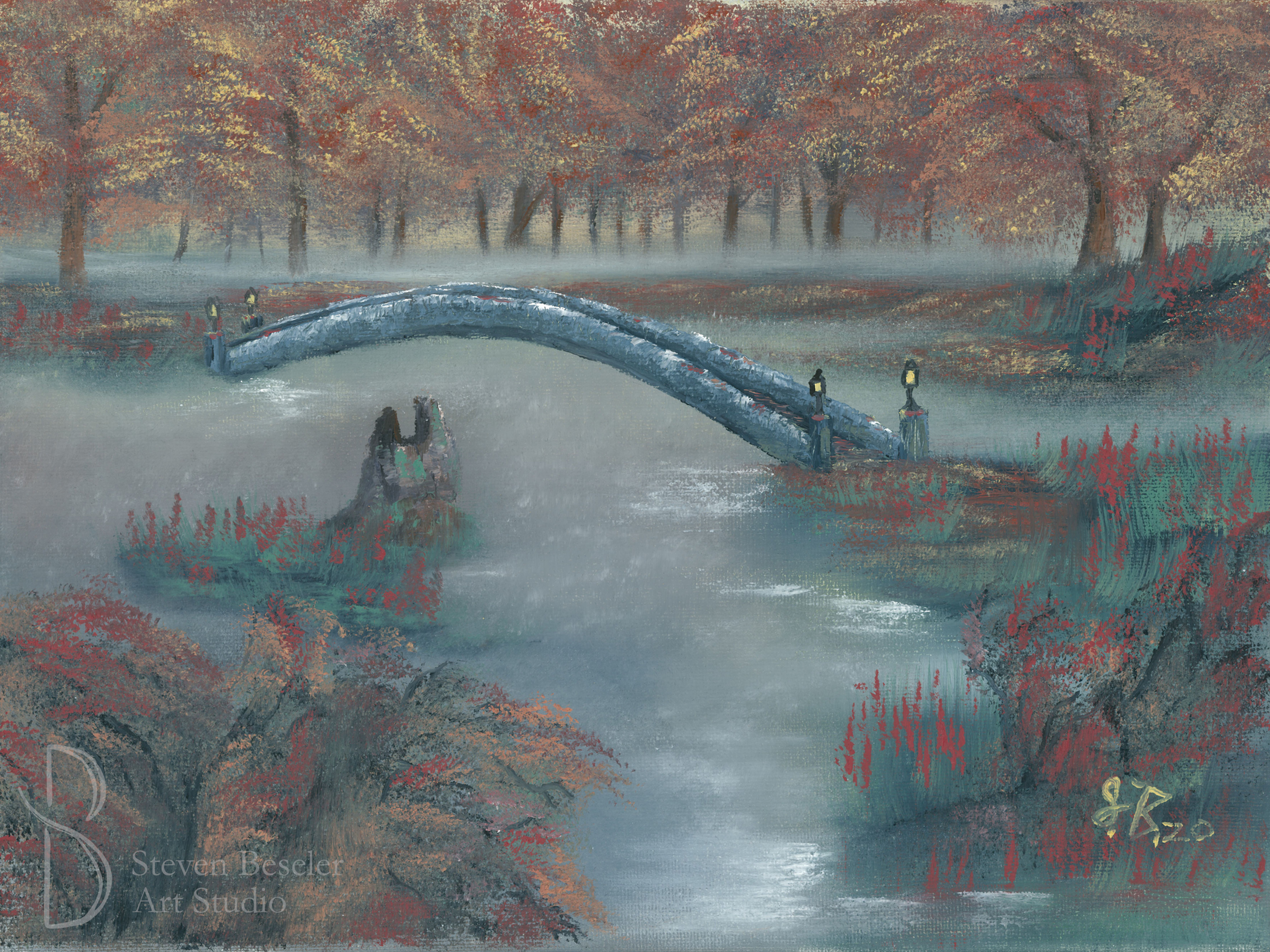 Foggy Bog Bridge in Fall