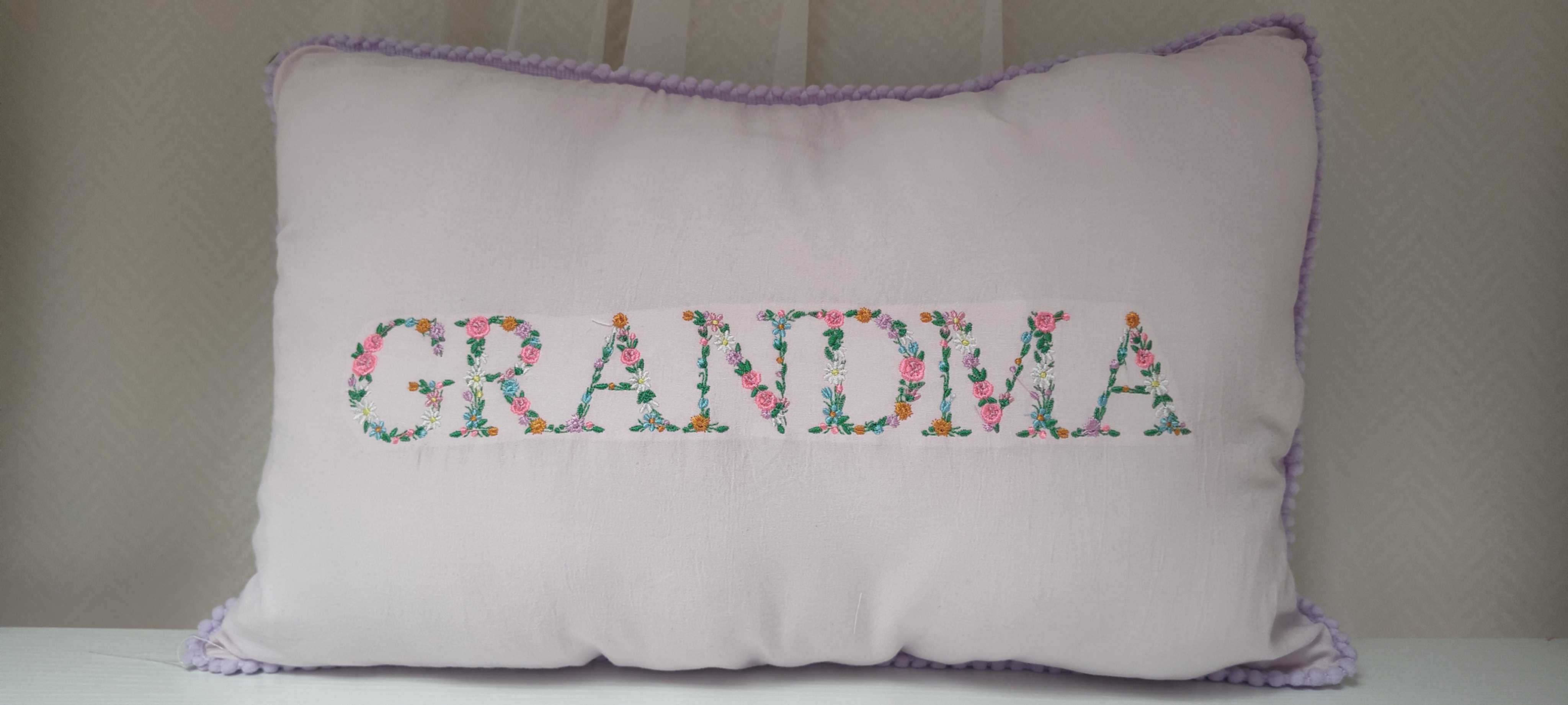 Grandma Pillow, Embroidered flowers, Pink , handmade with lavender trim