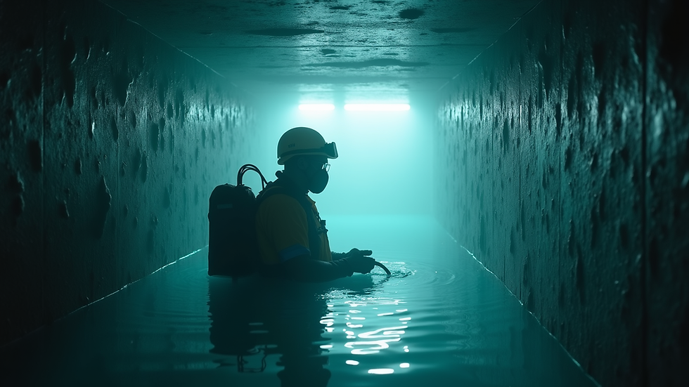 Vue en plongée d'un technicien en tenue de protection inspectant un sous-sol humide