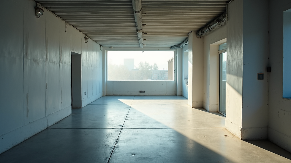 Vue latérale d’un sous-sol propre et bien ventilé avec un déshumidificateur en fonctionnement