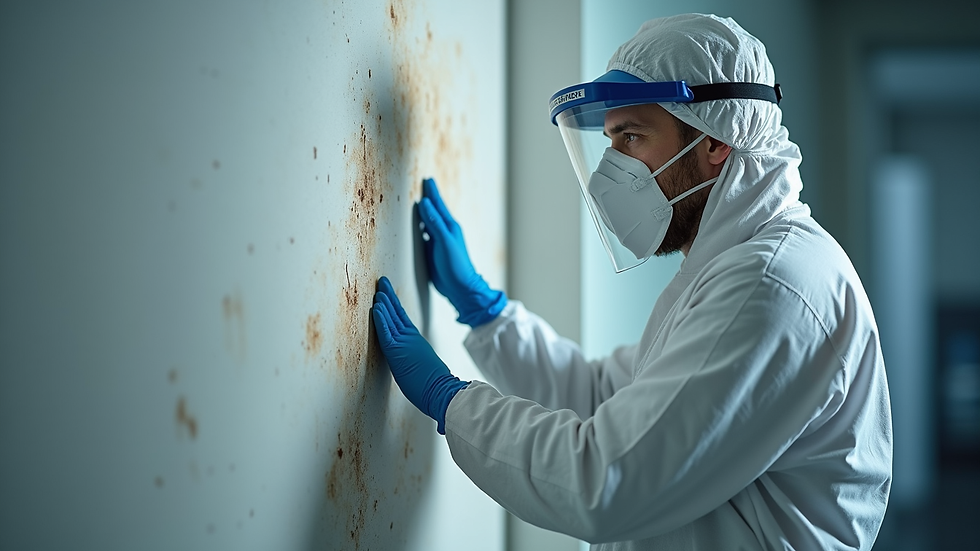 Vue de face d’un technicien en décontamination inspectant un mur affecté par la moisissure