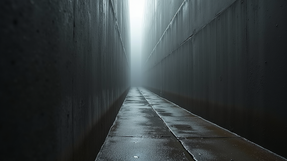 Couloir sombre en béton, humide avec de la brume et un ciel blanc au loin. Atmosphère mystérieuse et froide, aucun texte visible.