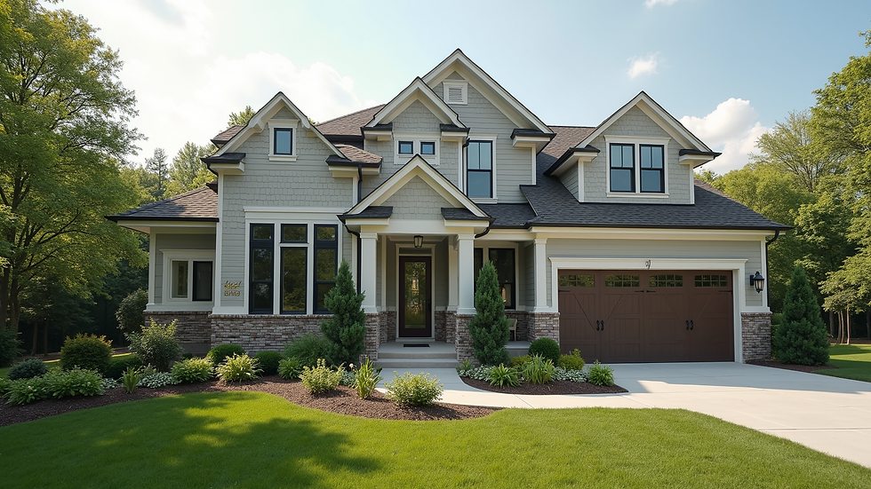 High angle view of a completed residential home with landscaped yard