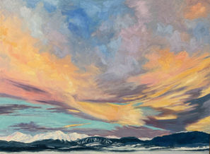 Painting of a golden sunset sky over snow-capped mountains, artwork by Ann Sabbah