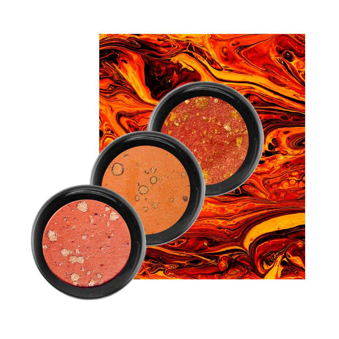 Vibrant golden-red colored micronized pigmented eyeshadows which are vegan and cruelty free.