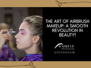 A makeup artist applying airbrush makeup to a woman's face, showcasing a smooth and even application technique. The image includes the text 'The Art of Airbrush Makeup: A Smooth Revolution in Beauty!' along with the logo of Make Up Institute Stockholm.