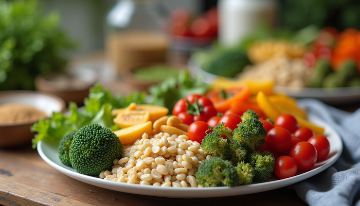 Eye-level view of a colorful postpartum meal with vegetables, grains, and protein