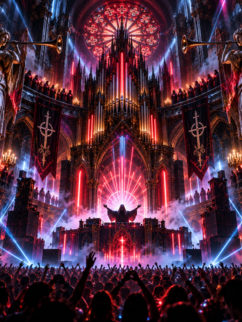 abstract art of rave in a gothic cathedral