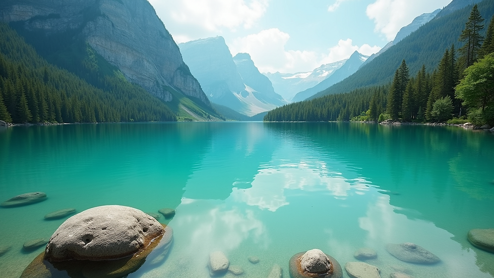 Eye-level view of Five Flower Lake with crystal clear turquoise waters