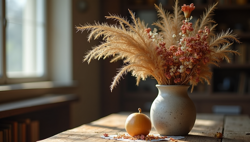 Vase with dried flowers and a small pumpkin on a wooden table, bathed in warm sunlight from a nearby window. Cozy, rustic setting.