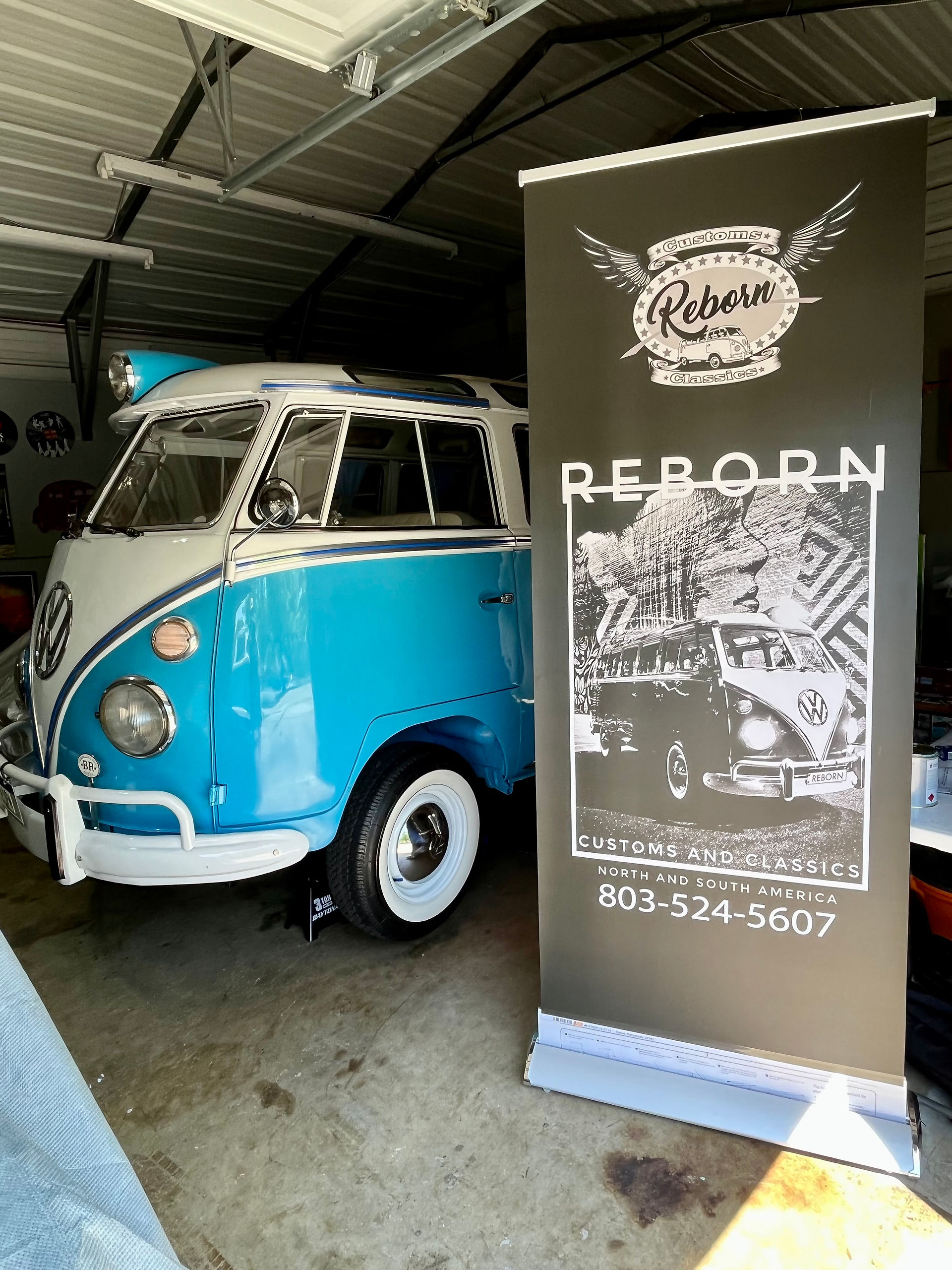 Vw bus and Reborn flag in garage