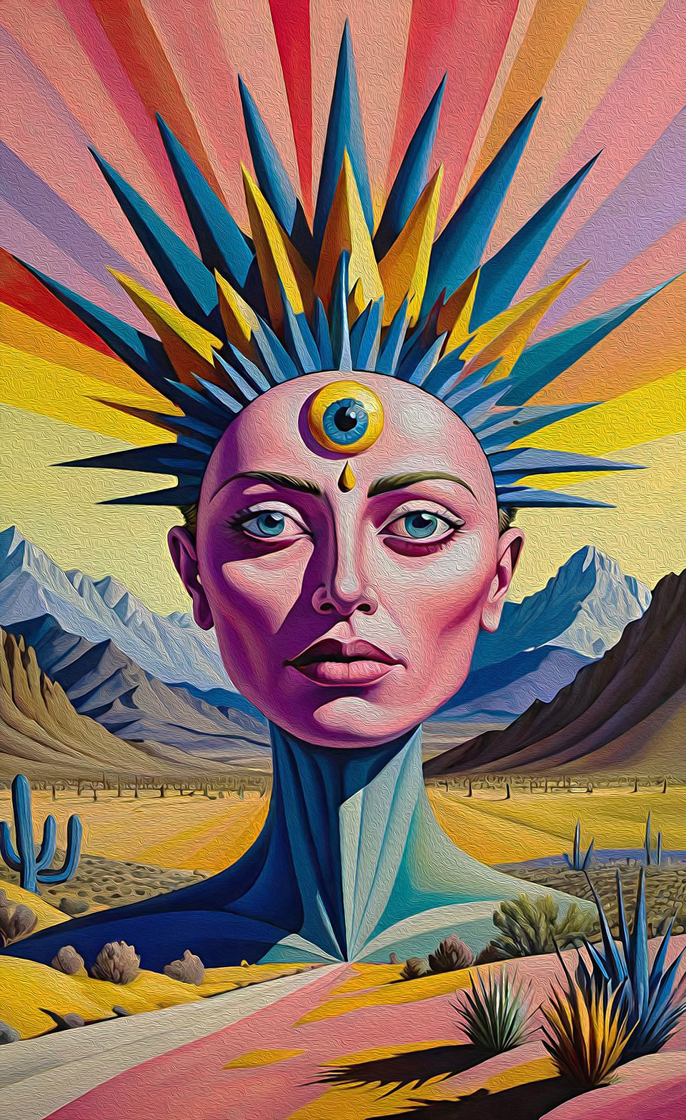 abstract art of woman with colorful spiked hair and pineal gland