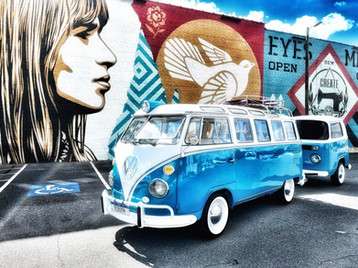 Glamoe shot of 1964 Samba Kombi Azul and trailer in Rock Hill SC