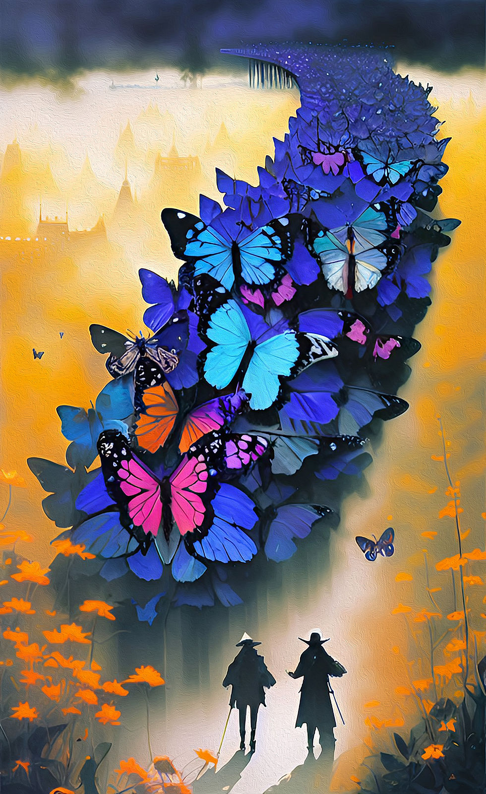 A bridge made of butterflies over a foggy city