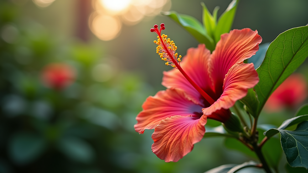Close-up view of vibrant hibiscus flower in a lush garden
