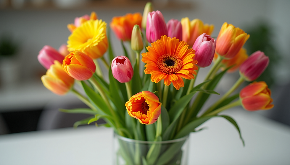 Vibrant bouquet of red, yellow, and pink tulips with orange gerbera daisies in a clear vase on a bright table, soft-focus background.