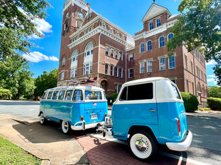 1964 Samba bus and trailer in front of Winthrop University in Rock Hill SC