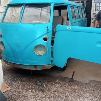 Stripped down VW Bus during restoration.