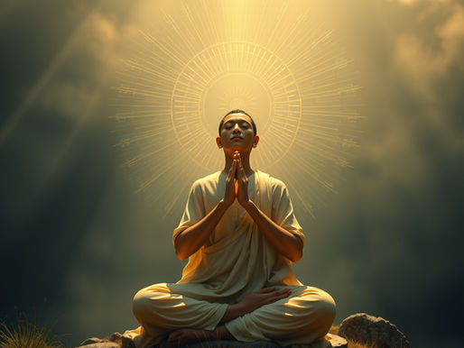 a monk meditating on a rock with symbols and light behind him