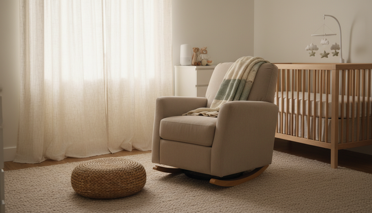 Wide-angle view of a quiet nursery with a rocking chair and soft blanket
