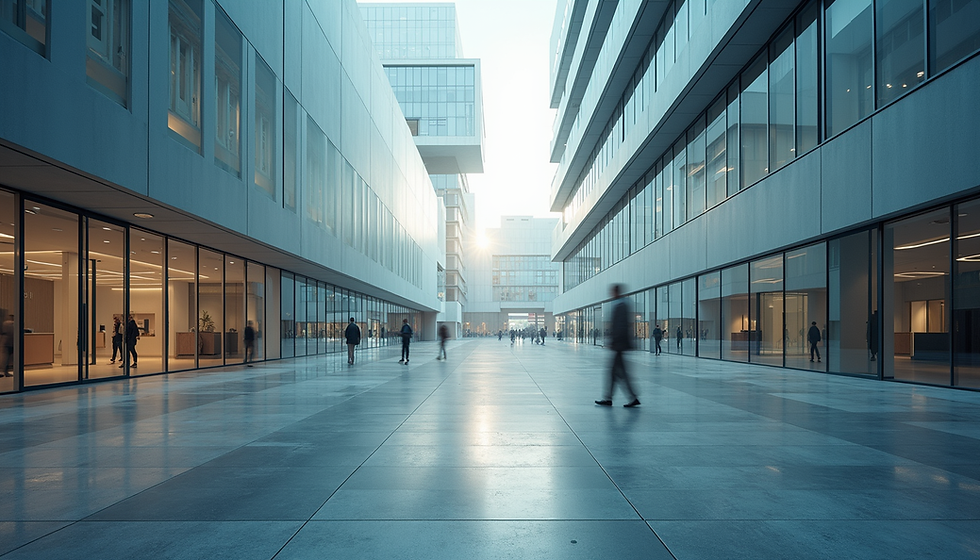 Wide angle view of a modern building with smart technology features