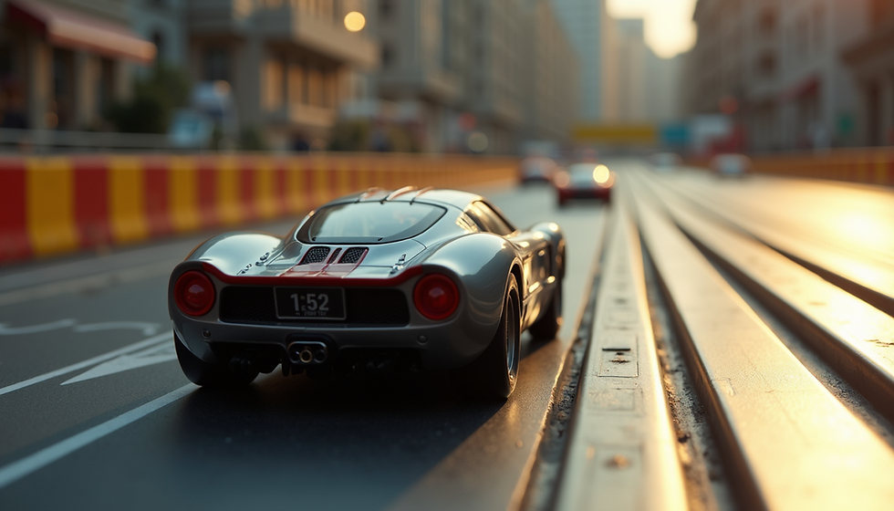 Close-up view of a Scalextric slot car racing on a track