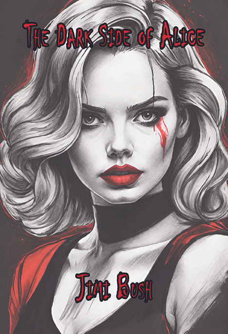 book cover with blond woman with red lipstick, pencil drawing style