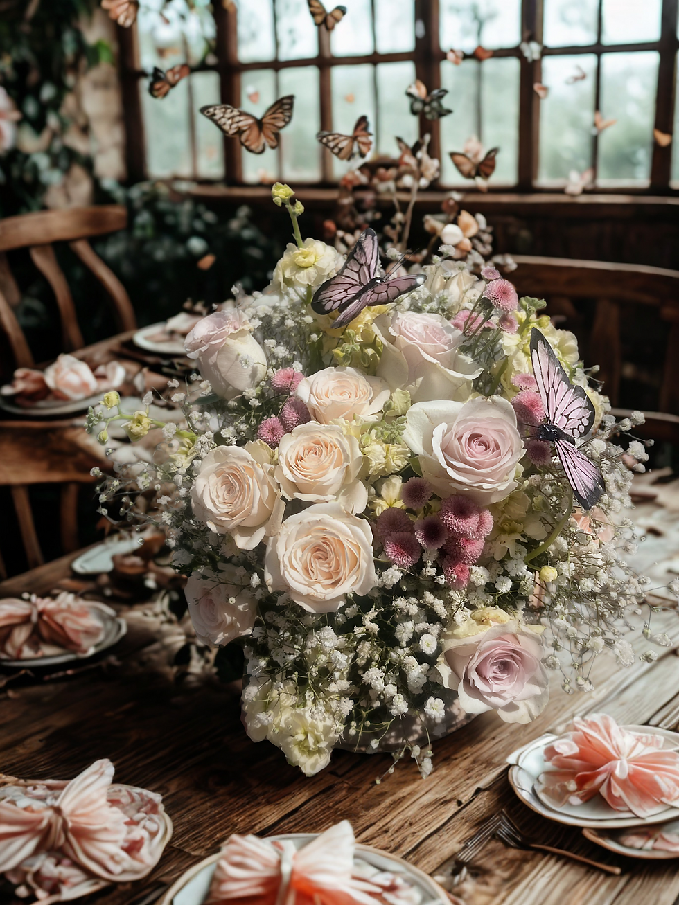 Floral arrangement with butterflies and babies breath.