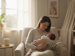 Eye-level view of a new parent holding a sleeping baby near a softly lit window