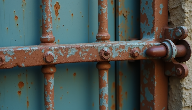 Close-up view of rusted wrought iron gate with peeling paint