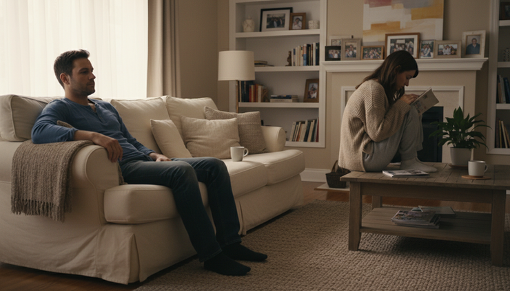 Eye-level view of two partners sitting quietly on a living room couch
