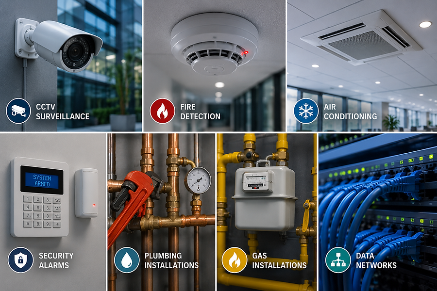 Collage of security and utility systems: CCTV camera, fire alarm, air conditioning vent, security keypad, plumbing tools, gas meter, and network cables